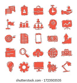 Business icons set in comic style. Finance strategy cartoon vector illustration on white isolated background. Marketing splash effect business concept.