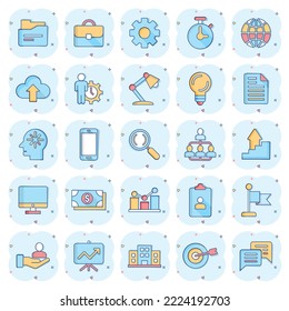 Business icons set in comic style. Finance strategy cartoon vector illustration on white isolated background. Marketing splash effect business concept.