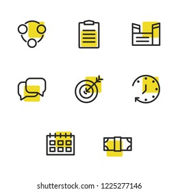 Business icons set with conversation, timer and factory elements. Set of business icons and industry concept. Editable vector elements for logo app UI design.
