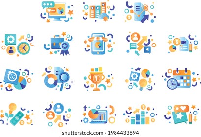 Business Icons Set, Creative Process, Management, Finance, Strategy, Marketing Flat Vector Illustration