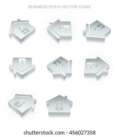 Business icons set: different views of flat 3d metallic Home icon with transparent shadow on white background, EPS 10 vector illustration.