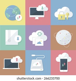 Business icons set. Download and cloud storage. Flat vector illustration.