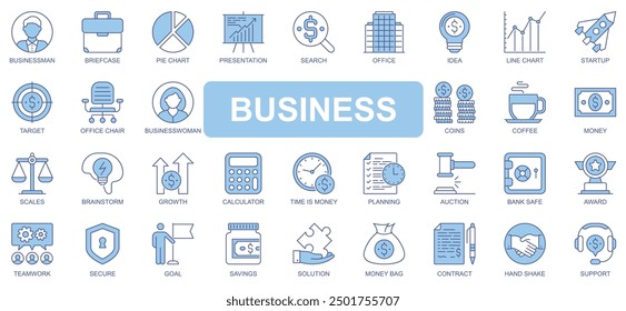 Business icons set in duotone outline stroke design for web. Pack pictograms of businessman, briefcase, pie chart, presentation, search, office, idea, startup, target, other. Vector illustration.