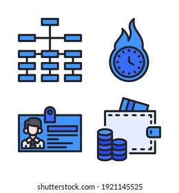 Business Icons Set (Filled Line) = Hierarchy, Offer Time, Id Card, Wallet. Perfect For Website Mobile App, App Icons, Presentation, Illustration And Any Other Projects.