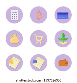 Business icons set. Finance, funding & commerce symbols in purple circle. Credit card, wallet, money growth, bitcoin currency, other banking & payment design elements vector illustration in flat style