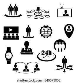 Business  icons, set with flat design elements of global business work flow, messaging and online communication. 