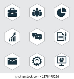 Business icons set with growing chart, team, mail and other suitcase elements. Isolated vector illustration business icons.