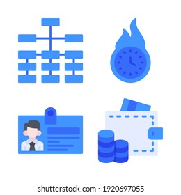 Business Icons Set = Hierarchy, Offer Time, Id Card, Wallet. Perfect For Website Mobile App, App Icons, Presentation, Illustration And Any Other Projects.