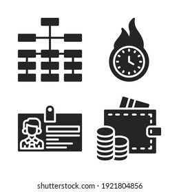 Business Icons Set = Hierarchy, Offer Time, Id Card, Wallet. Perfect For Website Mobile App, App Icons, Presentation, Illustration And Any Other Projects.