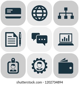 Business icons set with identification, structure, bank card and other contract elements. Isolated vector illustration business icons.
