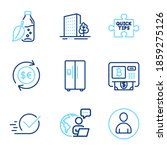 Business icons set. Included icon as Refrigerator, Avatar, Bitcoin atm signs. Money currency, Checkbox, Buildings symbols. Water bottle, Quick tips line icons. Fridge ice maker, User profile. Vector