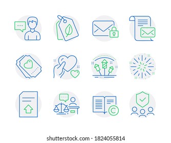 Business icons set. Included icon as Person talk, Upload file, Bio tags signs. Mail letter, Secure mail, Court judge symbols. Copyright, Fireworks explosion, Love ticket. Fireworks rocket. Vector