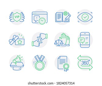 Business icons set. Included icon as Certificate, Court jury, Vip security signs. Honor, Project deadline, Biometric eye symbols. Engineering documentation, Loyalty gift, Click hands. Vector