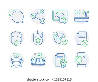 Business icons set. Included icon as Drop counter, Coffee cup, Wrong file signs. Like photo, Arena, Loyalty star symbols. Messenger, Wifi, Statistics. Share, Certificate, Medical phone. Vector