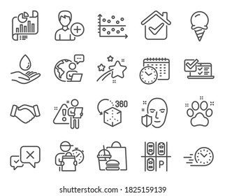 Business Icons Set. Included Icon As Dot Plot, Ice Cream, Pet Friendly Signs. Handshake, Calendar Time, Augmented Reality Symbols. Parking Place, Report Document, Add Person. Reject. Vector