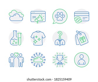 Business icons set. Included icon as Cloudy weather, Change card, Cloud network signs. Chemistry lab, Seo marketing, Trophy symbols. Friends couple, Pets care, Coupons. Hiring employees. Vector