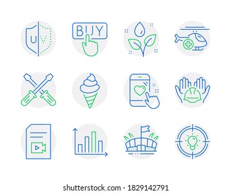 Business icons set. Included icon as Heart rating, Medical helicopter, Diagram graph signs. Buying, Screwdriverl, Ice cream symbols. Uv protection, Video file, Plants watering. Arena, Idea. Vector
