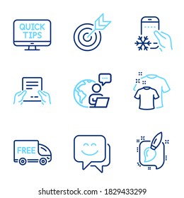 Business icons set. Included icon as Target, Web tutorials, Smile face signs. Clean t-shirt, Free delivery, Receive file symbols. Refrigerator app, Painting brush line icons. Line icons set. Vector