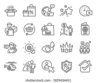 Business icons set. Included icon as Packing boxes, Refresh cart, Time signs. People, Crown, Eye drops symbols. Medical helicopter, User, Spanner. Passport, Income money, Shopping. Vector