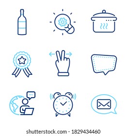 Business icons set. Included icon as Messenger, Touchscreen gesture, Innovation signs. Boiling pan, Alarm clock, Wine bottle symbols. Winner ribbon, Chat message line icons. Line icons set. Vector