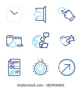 Business icons set. Included icon as Report document, Direction, Rotation gesture signs. Gear, Time, Love message symbols. Sign out, Recovery devices line icons. Line icons set. Vector