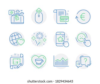 Business icons set. Included icon as Travel luggage, Fireworks, Money diagram signs. Star rating, Swipe up, Love coffee symbols. Architect plan, Exchange currency, Friends world. Dislike. Vector