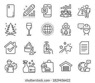 Business Icons Set. Included Icon As Teamwork Results, Family Insurance, Globe Signs. Smartphone Cover, Document, Parking Garage Symbols. Wine Glass, Edit Statistics, Phone Payment. Vector