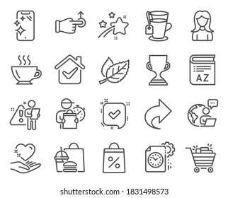 Business icons set. Included icon as Smartphone clean, Confirmed, Hold heart signs. Coffee, Leaf, Share symbols. Shopping cart, Tea, Shopping bag. Woman, Award cup, Vocabulary. Drag drop. Vector