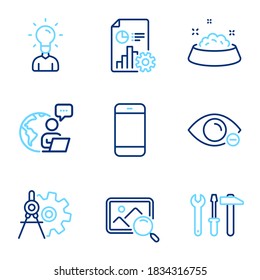 Business Icons Set. Included Icon As Search Photo, Myopia, Smartphone Signs. Report, Cogwheel Dividers, Spanner Tool Symbols. Education, Dog Feeding Line Icons. Find Image, Eye Vision. Vector