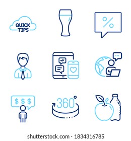 Business icons set. Included icon as 360 degrees, Social media, Quick tips signs. Beer glass, Businessman, Apple symbols. Discount message, Employee benefits line icons. Line icons set. Vector