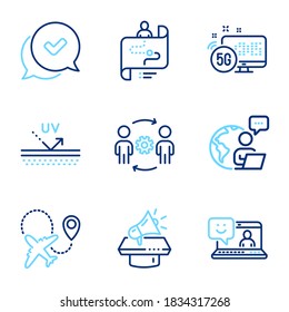 Business icons set. Included icon as 5g internet, Uv protection, Smile signs. Journey path, Approved, Engineering team symbols. Airplane, Megaphone line icons. Wifi connection, Skin cream. Vector