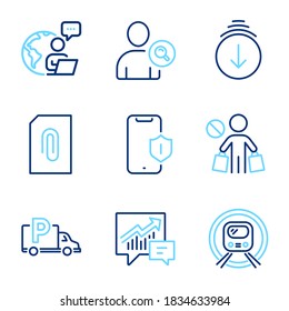 Business icons set. Included icon as Attachment, Smartphone protection, Truck parking signs. Metro subway, Stop shopping, Scroll down symbols. Accounting, Find user line icons. Line icons set. Vector