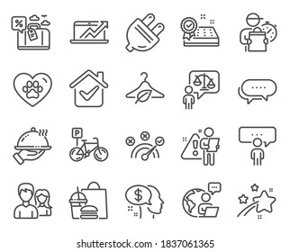 Conjunto de iconos de negocio. Icono incluido como garantía Mattress, comida de restaurante, signos de diagrama de ventas. Mensaje de puntos, negocio de consultoría, símbolos de enchufe eléctrico. Cuidado de las mascotas, trabajo en equipo, moda lenta. Vector