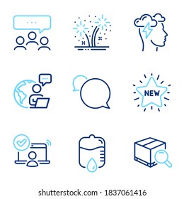 Business icons set. Included icon as Meeting, Online access, Fireworks signs. New star, Search package, Drop counter symbols. Messenger, Mindfulness stress line icons. Line icons set. Vector