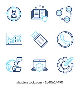 Business icons set. Included icon as Friends community, Financial diagram, Headhunting signs. Settings gear, Call center, Technical documentation symbols. Laptop insurance, Usb flash. Vector