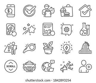 Business icons set. Included icon as Phone payment, Ole chant, Confirmed signs. Inspiration, Taxi, Add user symbols. Recovery hdd, Leaves, Whistle. Chemistry lab, Cogwheel, Roller coaster. Vector