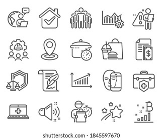 Business icons set. Included icon as Loud sound, Engineering team, Group signs. Medical help, Bitcoin graph, Medical insurance symbols. Location, Face biometrics, Chart. Feather, Payment. Vector