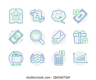 Business icons set. Included icon as Laureate, Euro money, E-mail signs. Technical algorithm, Vip ticket, Calculator symbols. Toilet paper, Rejected payment, Add gift. Yummy smile, Search. Vector