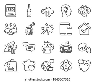 Business Icons Set. Included Icon As Brand Ambassador, Heart, Arena Signs. Ssd, Atom, Loyalty Points Symbols. Meeting, Love Cooking, Text Message. Idea Head, Beer, Mobile Devices. Vector