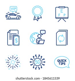 Business-Symbole gesetzt. Icon als Vision-Board, Fireworks Explosion, Aktualisieren von Dokumentzeichen. Quickstart-Leitfaden, Zahlung, 5g-Technologiesymbole. Vip Transfer, Success Line Icons. Vektorgrafik