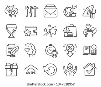 Business icons set. Included icon as Mail, Fair trade, Recovery data signs. Swipe up, Feather signature, Loyalty program symbols. Secret gift, Best result, Heart. Connecting flight. Vector