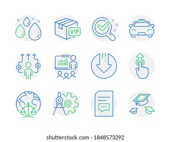 Business icons set. Included icon as Water drop, Taxi, Magistrates court signs. Cogwheel dividers, Presentation, Business way symbols. Chemistry lab, Vip parcel, Download arrow. Comments. Vector