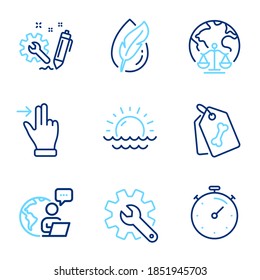 Business icons set. Included icon as Magistrates court, Touchscreen gesture, Timer signs. Sunset, Engineering, Hypoallergenic tested symbols. Pet tags, Customisation line icons. Line icons set. Vector