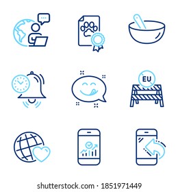 Business icons set. Included icon as Incoming call, Time management, Eu close borders signs. Smartphone statistics, Yummy smile, Friends world symbols. Dog certificate, Cooking mix. Vector