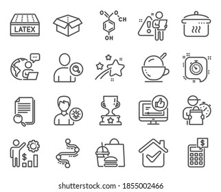 Business icons set. Included icon as Employees wealth, Find user, Calculator signs. Search file, Winner cup, Ice cream symbols. Person idea, Latex mattress, Like video. Timer, Open box. Vector