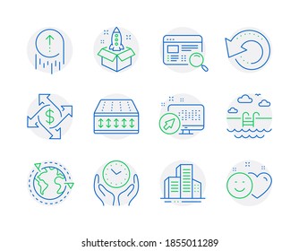 Business icons set. Included icon as Recovery data, Swimming pool, Outsourcing signs. Web system, Website search, Swipe up symbols. Startup, Payment exchange, Flexible mattress. Safe time. Vector