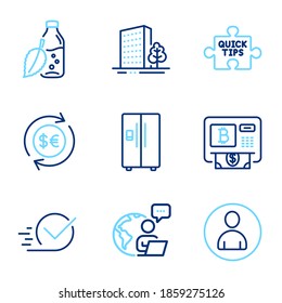 Business icons set. Included icon as Refrigerator, Avatar, Bitcoin atm signs. Money currency, Checkbox, Buildings symbols. Water bottle, Quick tips line icons. Fridge ice maker, User profile. Vector