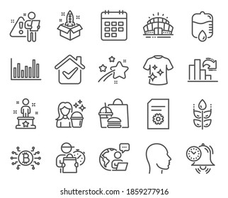 Jeu d'icônes professionnelles. Icône incluse comme système Bitcoin, Tête, panneaux de gestion du temps. Sans gluten, compteur de gouttes, symboles de diagramme à barres. Nettoyage, Réussite, Calendrier. Graphique en baisse, Démarrage. Image vectorielle