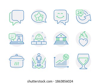 Business icons set. Included icon as Boiling pan, 24 hours, Smile face signs. Heart flame, 5g statistics, Star symbols. Augmented reality, Talk bubble, Court building. Construction bricks. Vector