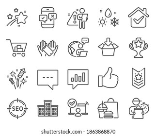 Business icons set. Included icon as Like, Internet shopping, Get box signs. Analytical chat, Shoulder strap, Victory symbols. Blog, Company, Online access. Fireworks rocket, Phone survey. Vector